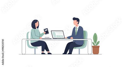 A man in a suit and a woman in a sweater sit at a desk with a laptop and notebook, engaged in a professional business meeting.