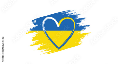 Heart shape with blue and yellow colors of the Ukrainian flag set over a painted brushstroke background for solidarity.