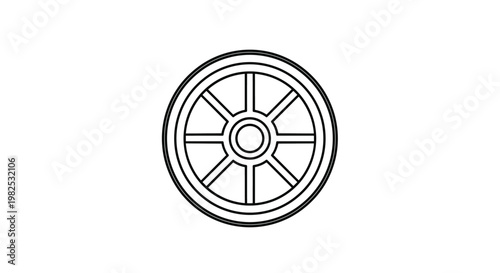 Minimalist line drawing of a traditional wooden wagon wheel with spokes on a white background for rustic and western themes.