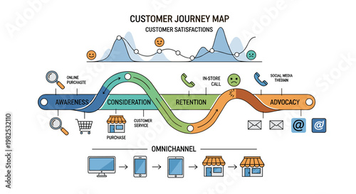 Dynamic customer journey map visually charting satisfaction levels through awareness, consideration, retention, and advocacy stages with clear icons and a smooth, colorful path.