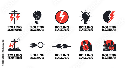 Collection of modern vector icons and logos representing electricity, power outages, and energy concepts with striking red and black color palettes.