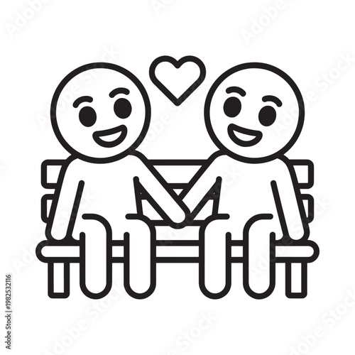 Two smiling stick figures sit closely together on a bench with a heart floating above their heads
