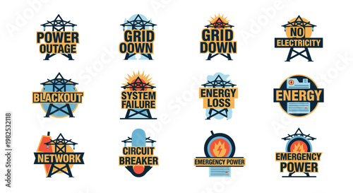 Set of stylized vector emblems depicting electrical grid issues like power outages, grid downs, blackouts, and energy loss with bold typography and a vibrant yellow, blue, and