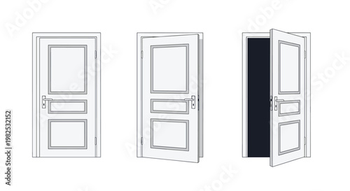 Three-step sequence of a white wooden door showing the transition from closed to slightly open and fully open into the dark.