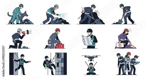 Rescue workers in action: search, excavation, first aid, and drone operation, depicting emergency response scenarios with clear lines and a muted color palette for diverse