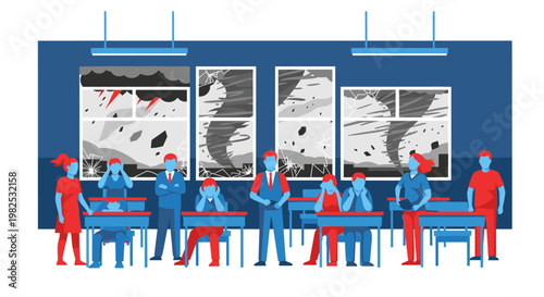 Drawn flat style figures in a classroom setting facing a window displaying catastrophic weather events including lightning storms and tornadoes, conveying a sense of anxiety and
