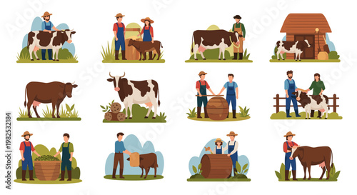 Farm scenes featuring farmers interacting with cows, collecting milk, and tending to livestock, depicted with clean lines and a warm, earthy color palette for agricultural themes.