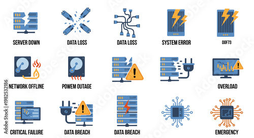 Modern flat vector icons depicting critical it infrastructure failures and emergencies, featuring blue and orange hues, clean lines, and scalable shapes for digital and print