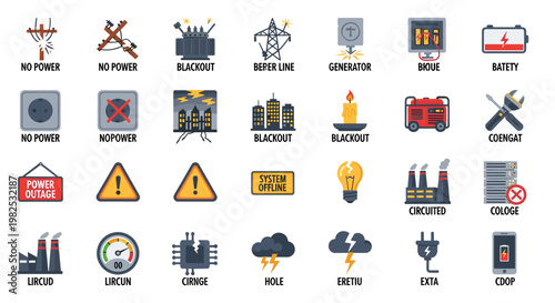 Diverse electrical outage icons featuring warning signs, power lines, generators, batteries, and industrial facilities in a clean, modern vector style with a vibrant color palette