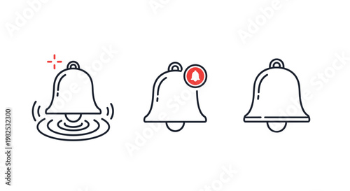 Trio of notification bell icons illustrating active alert with sound badge and silent modes for mobile application design.