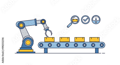 Automated assembly line with robotic arm, conveyor belt, and quality control icons in a clean, modern blue and yellow palette, symbolizing efficient industrial production and