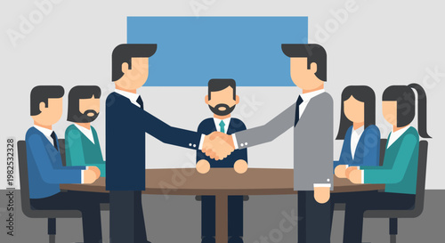 Professional handshake between two businessmen during a meeting, symbolizing agreement and partnership, with colleagues observing in a modern office setting featuring a blue