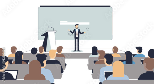 Energetic businessman presenting to attentive audience in modern conference room with digital screen and podium, conveying ideas with dynamic gestures and a clear color palette.