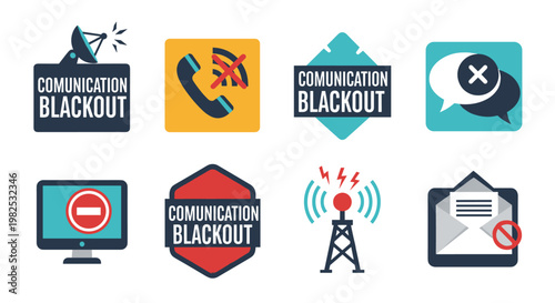 Set of modern flat vector icons representing communication blackout scenarios with clean lines, bold colors, and clear symbolism for digital and analog disruptions.