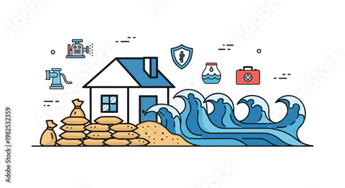 Clean line vector graphic depicting a house protected by sandbags against a powerful blue wave, with flood prevention tools and first aid kit icons suggesting disaster
