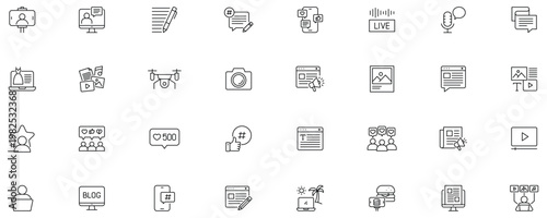 Blogging icon set. contain icons related to content, blogging, influencer, creation, vlogger, social media, digital marketing. and more. Editable stroke.