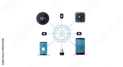 Connected smart home devices featuring a thermostat, security cameras, and smart speakers linked by a central network hub in a clean, modern blue and black color scheme.
