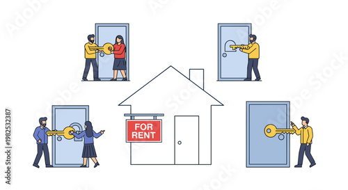 Diverse individuals exchange keys with doors and a central house graphic displaying a "for rent" sign, symbolizing property transactions and real estate opportunities with a