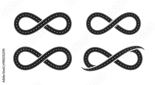 Set of four infinity symbol road designs depicting eternal travel and continuous driving paths in varied perspective views.