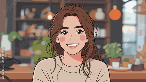 Smiling Young Woman in Cozy Kitchen