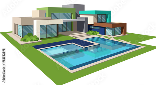 Modern luxury residence featuring a stunning multi-level swimming pool and vibrant green landscaping, showcasing clean lines and a contemporary color palette for upscale real