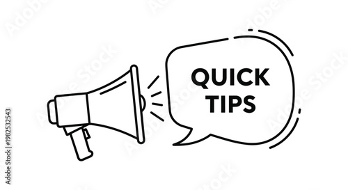 Megaphone icon with a speech bubble containing quick tips text for advice helpful hints and marketing announcements.