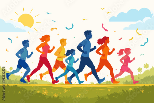 Vibrant vector illustration of a diverse group of people and children running together in a sunny park, promoting community fitness, healthy active lifestyle, family fun run, and marathon event.