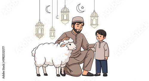 Illustrated scene shows a bearded man wearing a kufi and traditional clothing squatting next to a sheep while his child touches the animal, set against a clean white background with hanging
