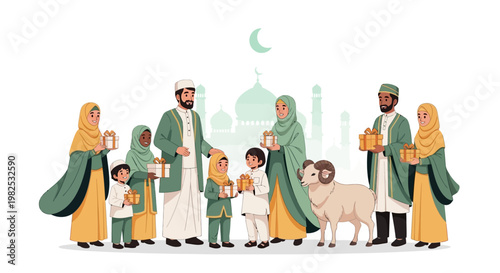 A group of diverse Muslim families and children in traditional clothing are celebrating Eid al-Adha by exchanging gifts with a ram standing among them against a white background