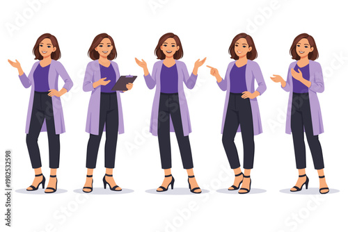 Professional business woman character set in purple blouse and long cardigan, featuring various speaking poses, holding a clipboard, pointing, and gesturing, isolated vector illustration.
