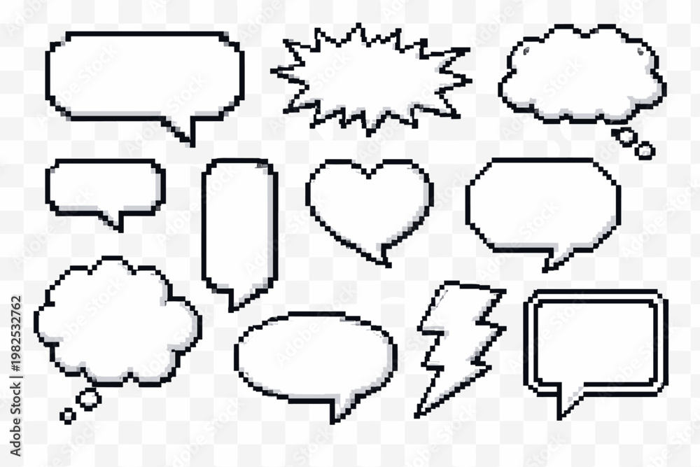 Obraz premium Pixel Art Speech Bubbles and Text Boxes Set, Retro 8-bit Game Style Chat Frames, Pixelated Dialogue Clouds and Thought Bubbles Collection, Empty Comic Book Elements for Gaming and Communication