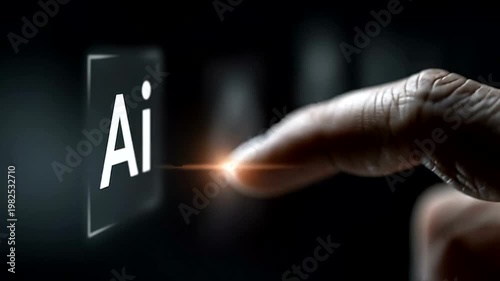 A close up view of a human finger pressing a virtual artificial intelligence button.
