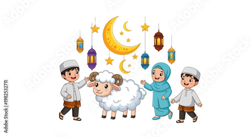 A cheerful group of children in traditional attire gather around a fluffy sheep under a festive crescent moon and lanterns, set against a clean white background with a bright