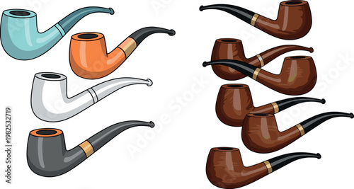 Set of classic tobacco smoking pipes in different shapes and colors vintage wooden pipe collection vector illustration isolated