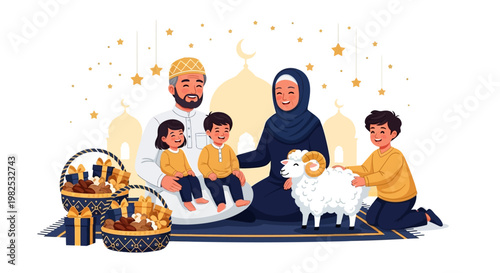 A Muslim family with three children joyfully celebrates Eid al-Adha with a fluffy white sheep and gift-filled baskets in a cartoon illustration against a soft white background with golden