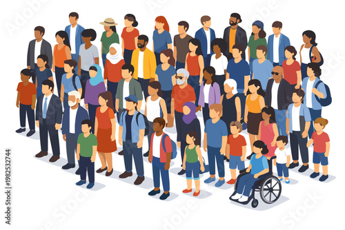 Isometric Vector Illustration of a Large Diverse Group of People. Multiethnic Crowd of Men, Women, Children, and Seniors Standing Together. Inclusive Community with Wheelchair User and Hijab.