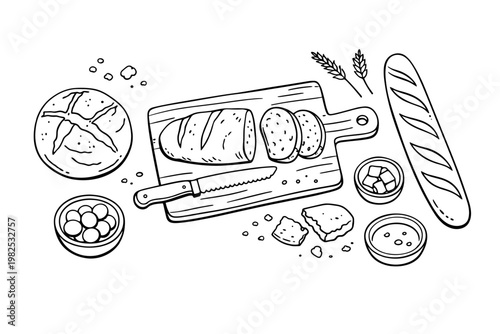 Top view minimalist line art of a rustic bread assortment including a sourdough loaf, French baguette, sliced bread on a wooden cutting board with a knife, olives, butter, and wheat stalks.