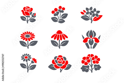 Medical flowers duotone icon set featuring rose, violet, jasmine, calendula, echinacea, iris, chamomile, camellia, and geranium. Stylized vector botanical symbols for herbal medicine and health.