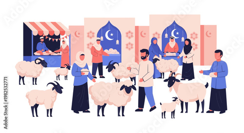 A group of people in traditional clothing gather around sheep and goats in a festive market scene, with colorful stalls and decorations creating a joyful and celebratory atmosphere