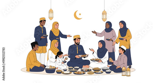A diverse group of Muslim people are gathered around a spread of food on the floor, celebrating a holiday meal together in a flat vector illustration with a clean white background and warm