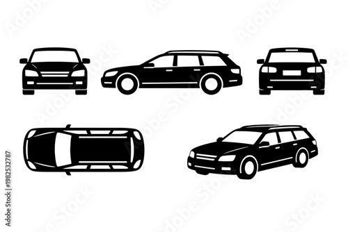 Set of black station wagon car icons and silhouettes showing various views including front, side, back, top down, and three-quarter perspective for automotive design, transport, and logistics.