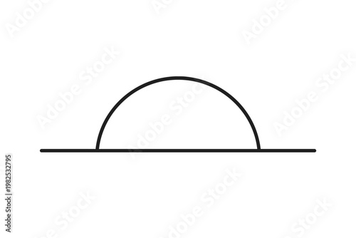 Minimalist vector illustration of a simple black line dome or semicircle shape emerging from a flat horizontal plane, representing a sunrise, sunset, or architectural arch on white background.