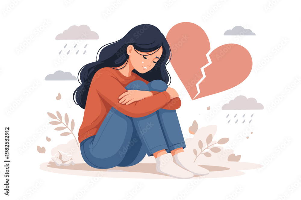 Naklejka premium Sad Young Woman Sitting Alone with a Large Broken Heart, Concept of Loneliness, Heartbreak, and Emotional Pain, Depressed Female Character Feeling Sorrow and Grief, Mental Health and Psychology.