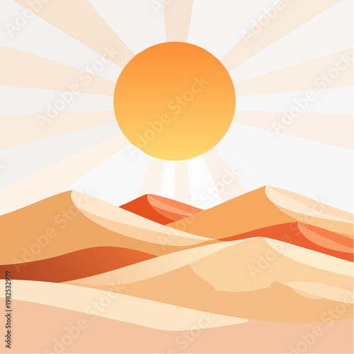 Vast desert landscape with sand dunes under a radiant sun, featuring dramatic light rays