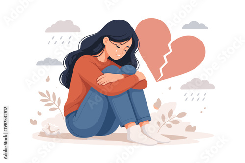 Sad Young Woman Sitting Alone with a Large Broken Heart, Concept of Loneliness, Heartbreak, and Emotional Pain, Depressed Female Character Feeling Sorrow and Grief, Mental Health and Psychology.