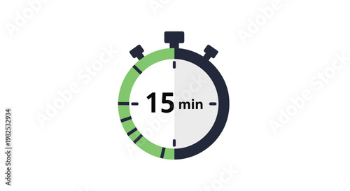 Modern stopwatch timer icon showing fifteen minutes with a bright green highlight for time tracking and management.