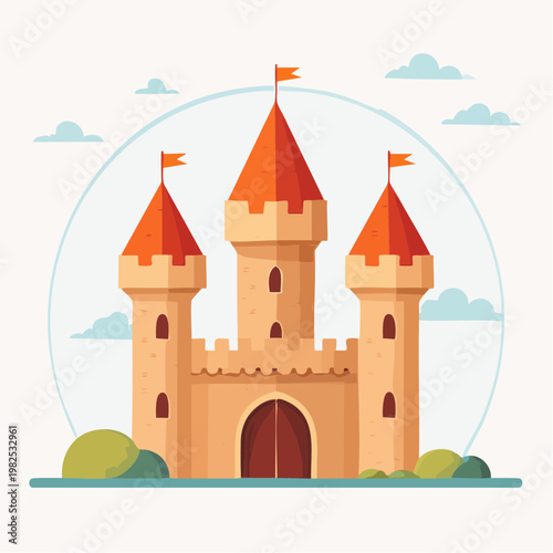 Playful cartoon illustration of a grand fairytale castle with turrets and flags, depicting a medieval kingdom scene