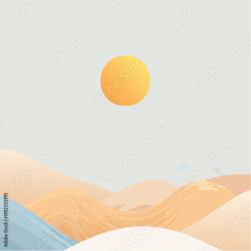 Minimalist Desert Landscape with a Setting Sun under a Pale Sky