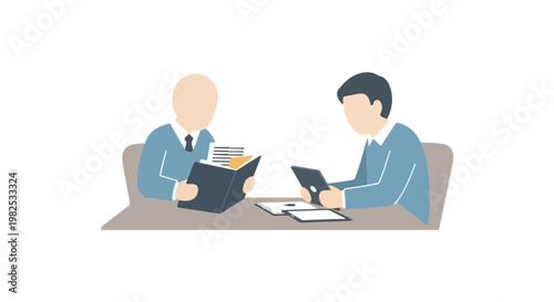 Two men sit at a desk, one examining a folder of documents while the other works on a tablet in a professional or educational setting.