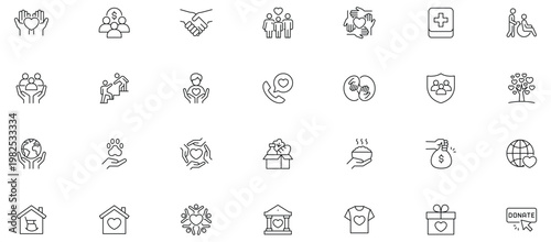 Charity line editable icon set. featuring support, giving, heart, volunteer, kindness, and more . thin linear illustration.